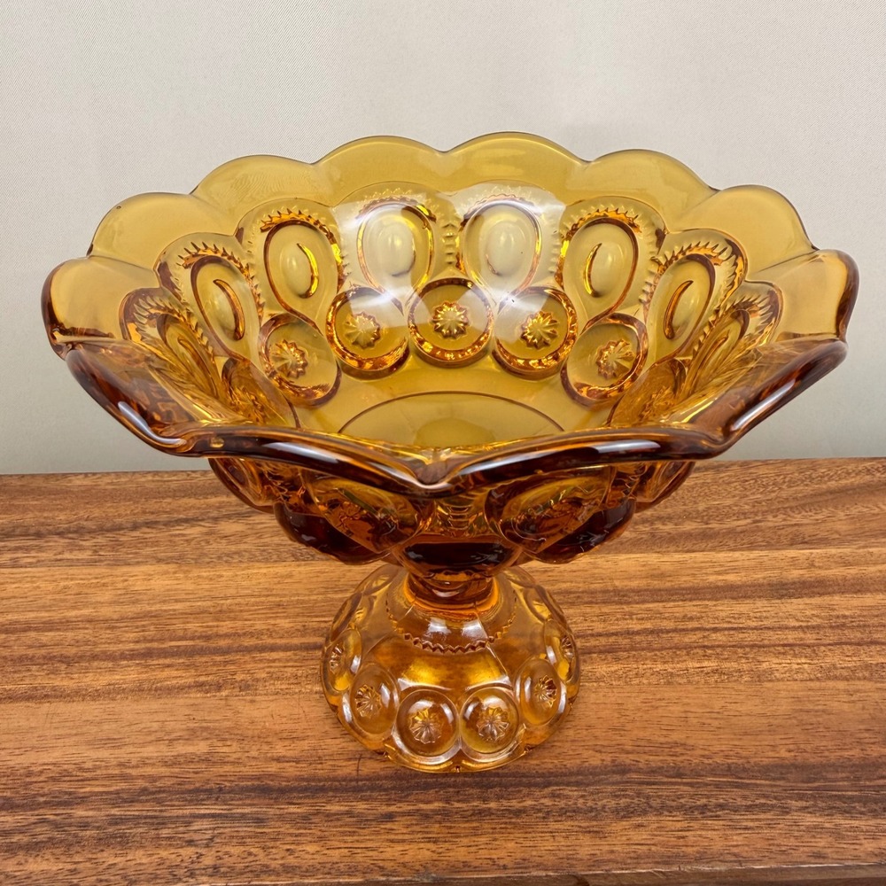Indiana Glass Moon and Stars Amber Compote Bowl Vintage Pedestal Dish 7 inch
